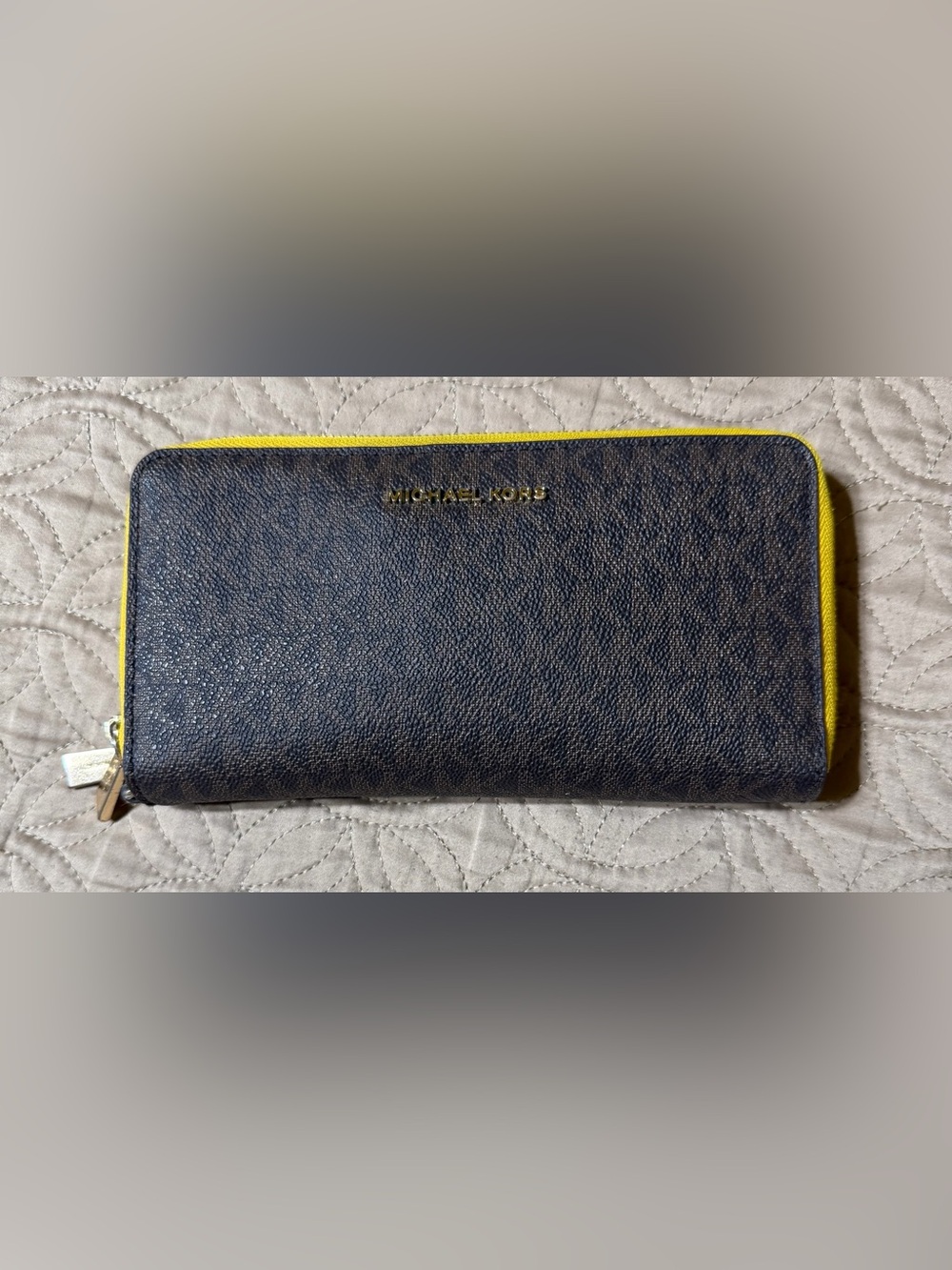 Michael Kors Brown Leather Zip Walket with Yellow Accent